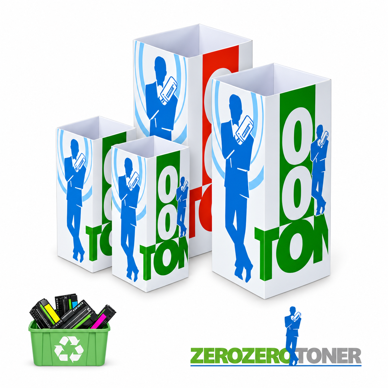 Quattro Ecobox ZeroZeroToner su fondo bianco